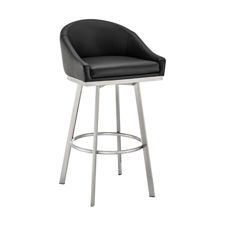 Armen Living Noran Swivel Bar Stool in Brushed Stainless Steel with Black Faux Leather 840254335707